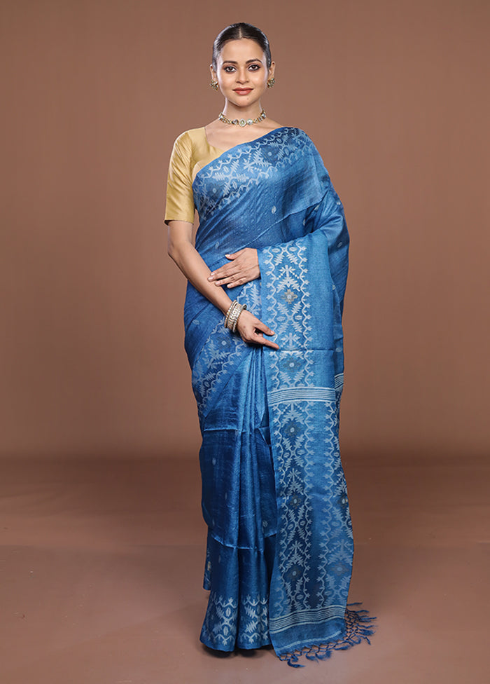 Blue Handloom Tussar Pure Silk Saree With Blouse Piece