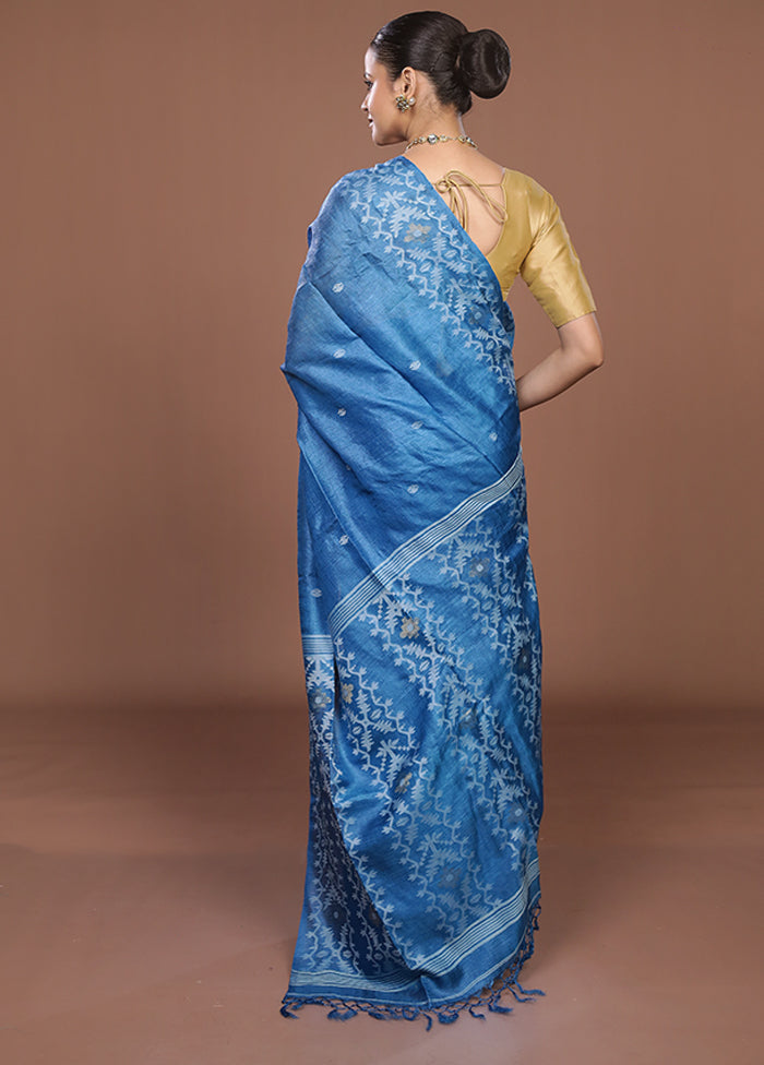 Blue Handloom Tussar Pure Silk Saree With Blouse Piece