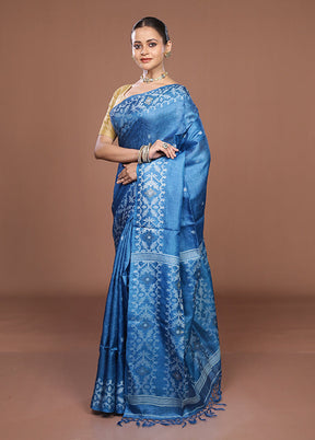 Blue Handloom Tussar Pure Silk Saree With Blouse Piece