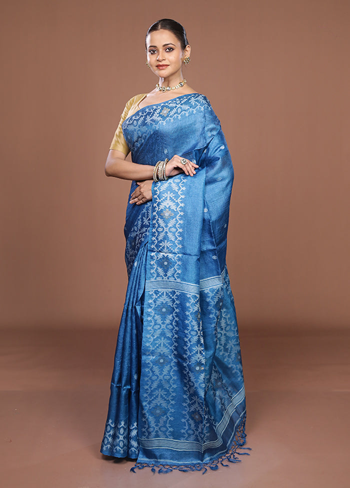 Blue Handloom Tussar Pure Silk Saree With Blouse Piece