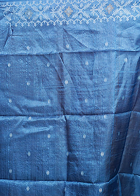 Blue Handloom Tussar Pure Silk Saree With Blouse Piece