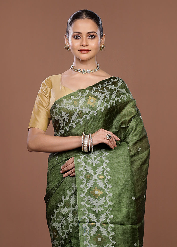 Green Handloom Tussar Pure Silk Saree With Blouse Piece