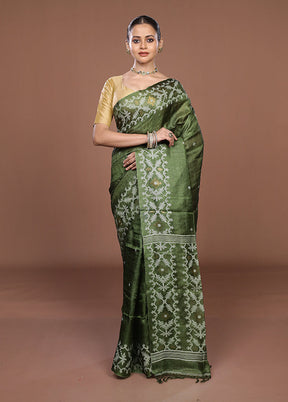 Green Handloom Tussar Pure Silk Saree With Blouse Piece