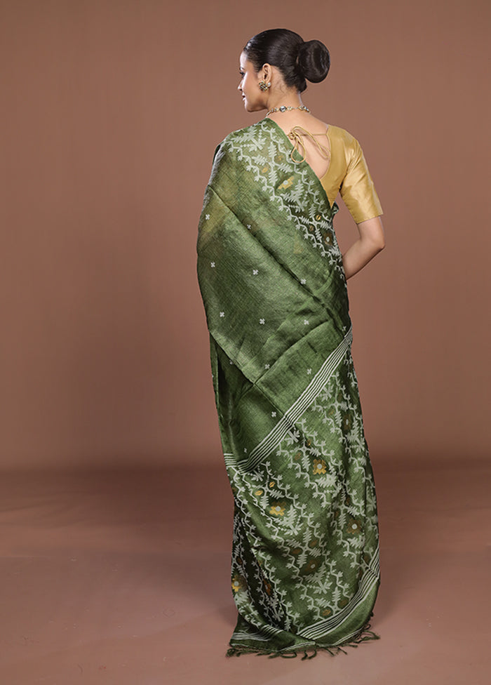 Green Handloom Tussar Pure Silk Saree With Blouse Piece