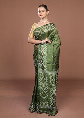 Green Handloom Tussar Pure Silk Saree With Blouse Piece