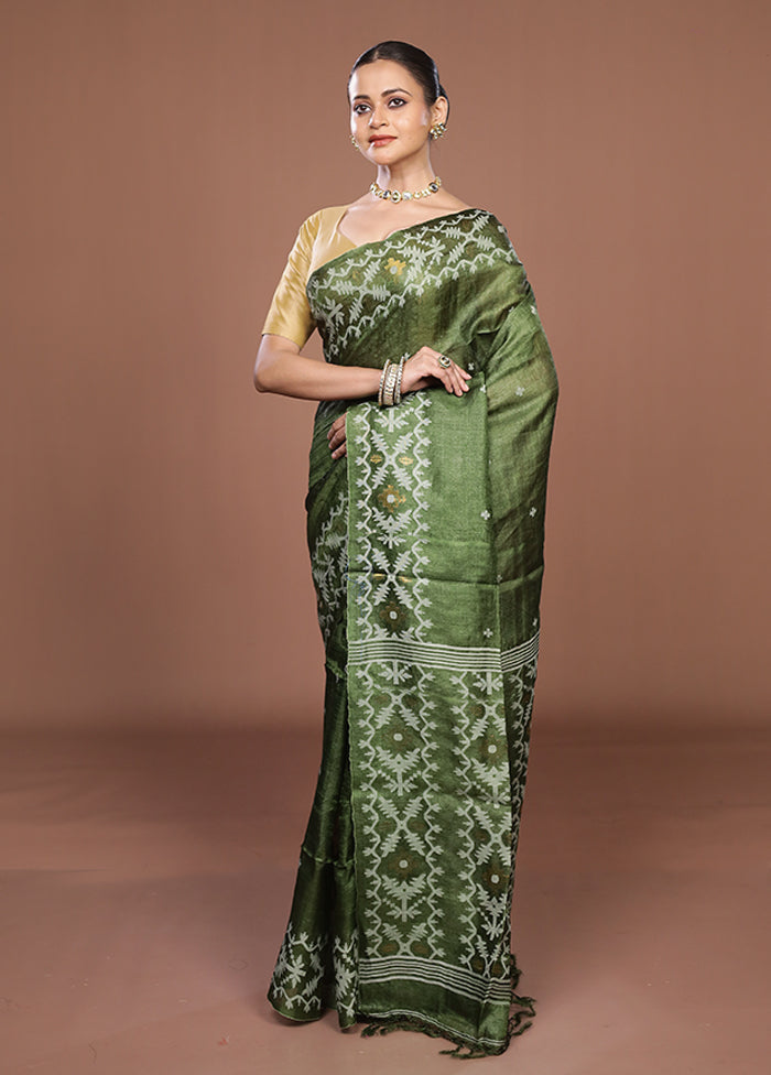 Green Handloom Tussar Pure Silk Saree With Blouse Piece