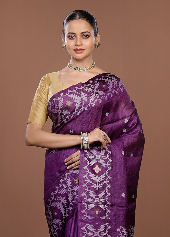 Purple Handloom Tussar Pure Silk Saree With Blouse Piece