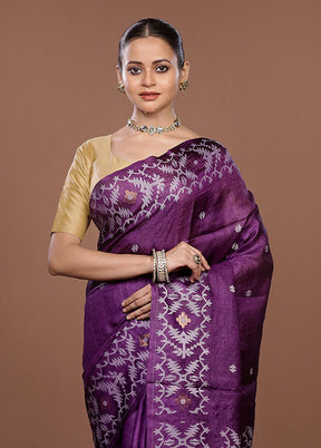 Purple Handloom Tussar Pure Silk Saree With Blouse Piece