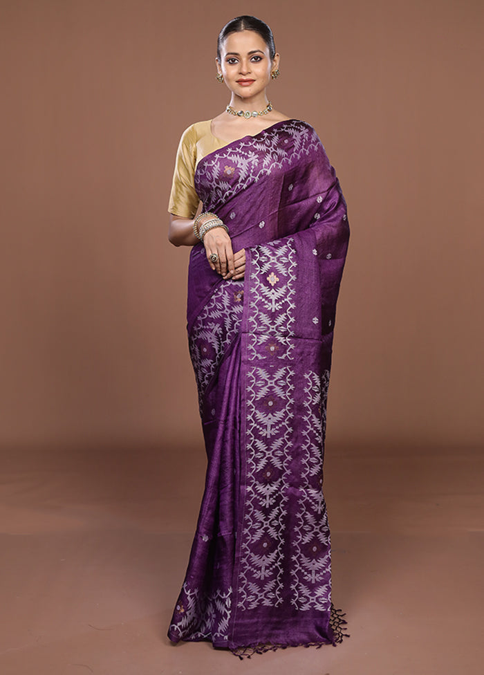 Purple Handloom Tussar Pure Silk Saree With Blouse Piece