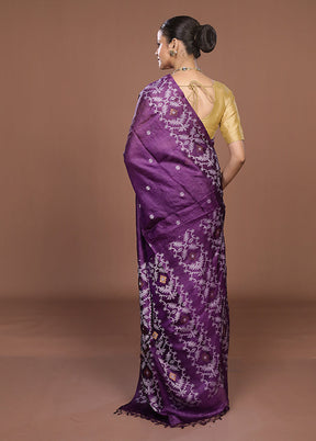 Purple Handloom Tussar Pure Silk Saree With Blouse Piece
