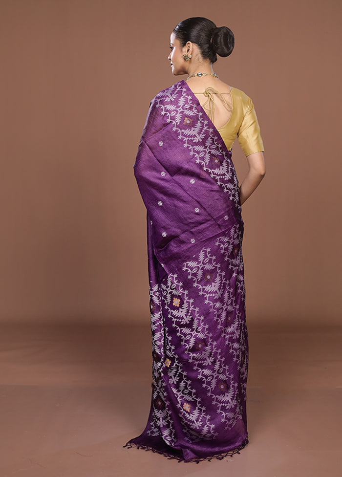 Purple Handloom Tussar Pure Silk Saree With Blouse Piece