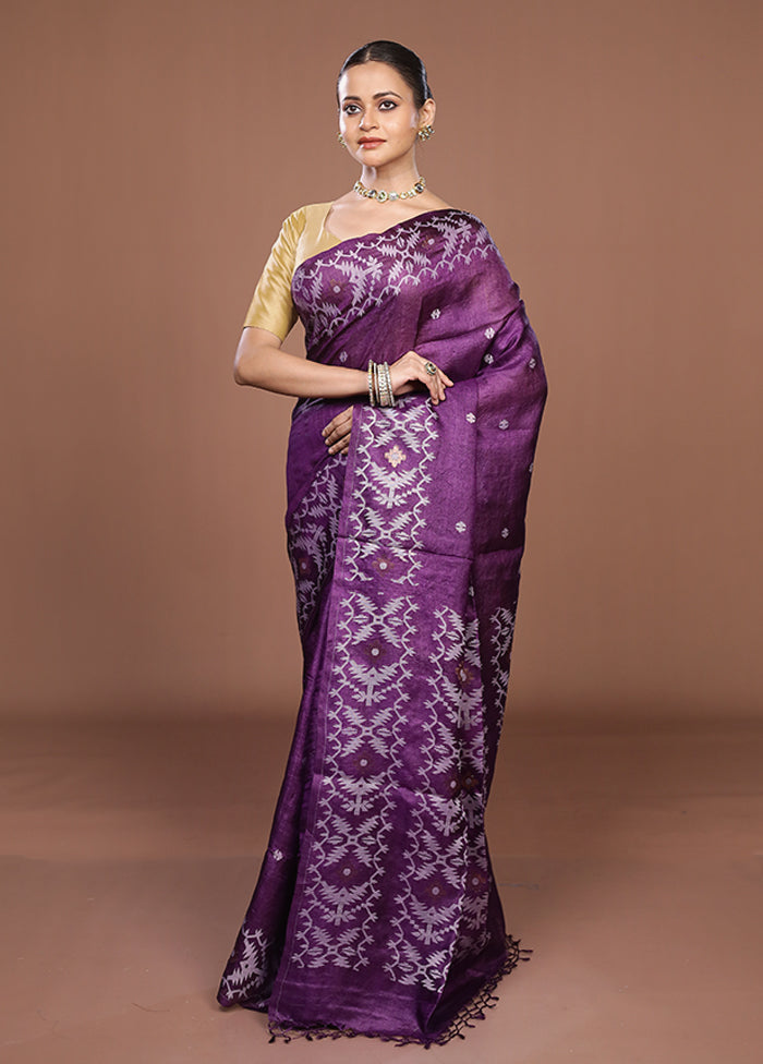 Purple Handloom Tussar Pure Silk Saree With Blouse Piece