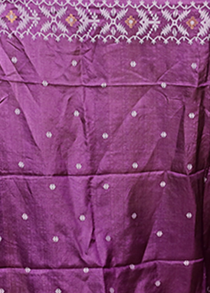 Purple Handloom Tussar Pure Silk Saree With Blouse Piece