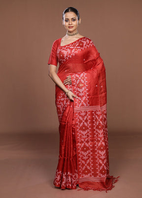 Red Handloom Tussar Pure Silk Saree With Blouse Piece