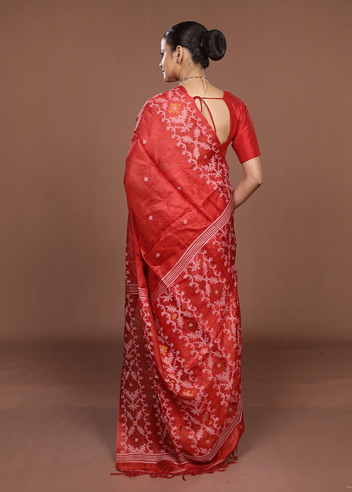 Red Handloom Tussar Pure Silk Saree With Blouse Piece