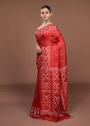 Red Handloom Tussar Pure Silk Saree With Blouse Piece