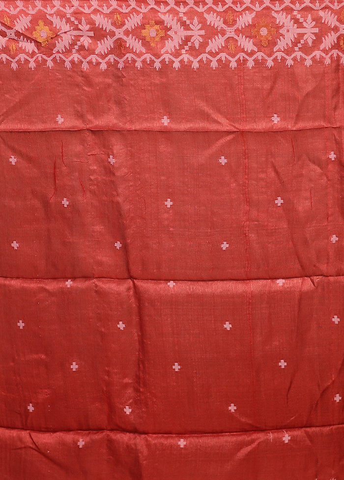 Red Handloom Tussar Pure Silk Saree With Blouse Piece
