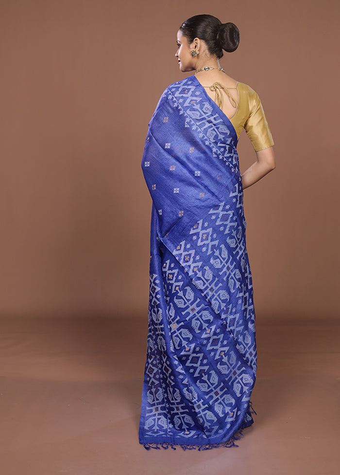 Blue Handloom Tussar Pure Silk Saree With Blouse Piece