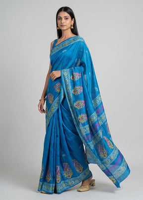 Blue Printed Silk Saree Without Blouse Piece