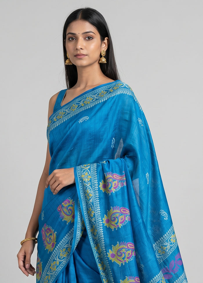 Blue Printed Silk Saree Without Blouse Piece