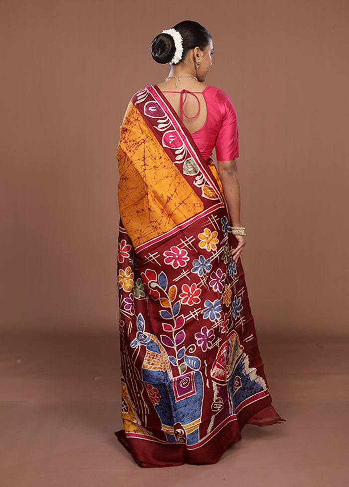 Maroon Printed Pure Silk Saree Without Blouse Piece