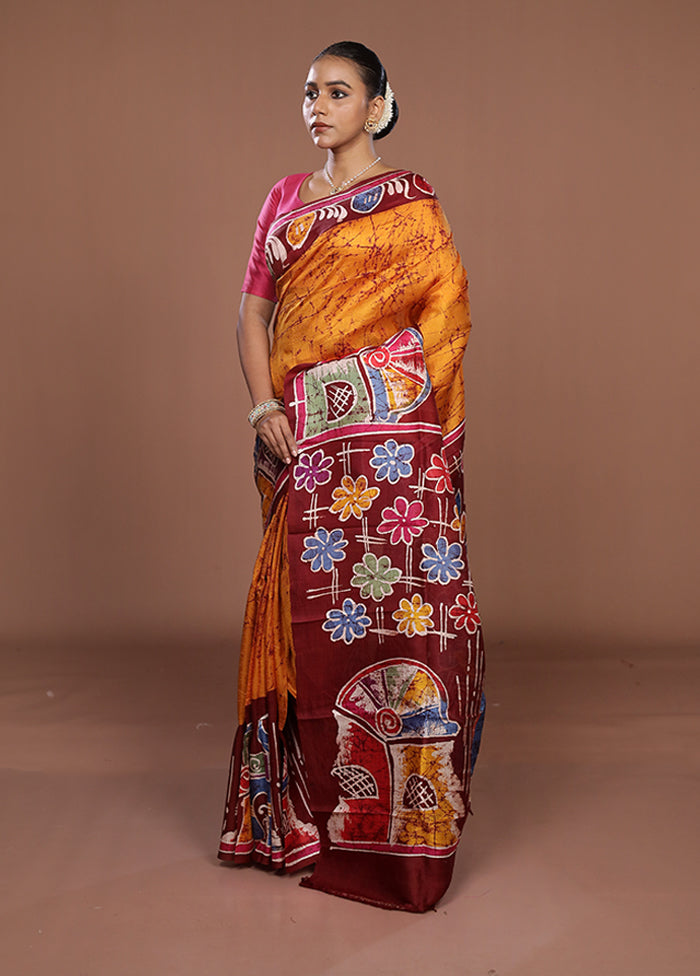 Maroon Printed Pure Silk Saree Without Blouse Piece
