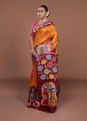 Maroon Printed Pure Silk Saree Without Blouse Piece