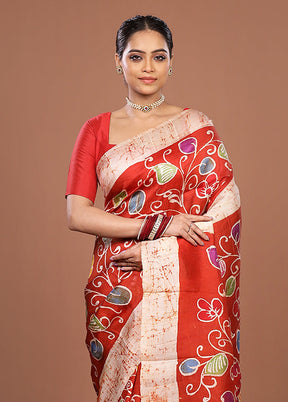 Red Printed Pure Silk Saree Without Blouse Piece