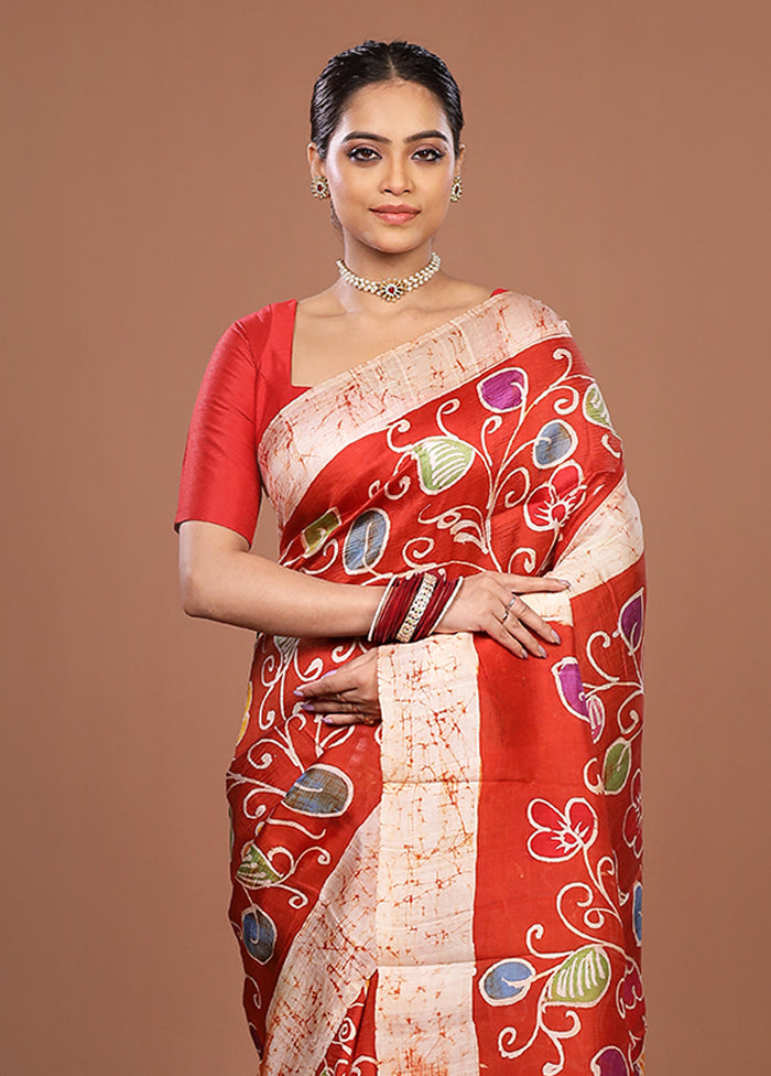 Red Printed Pure Silk Saree Without Blouse Piece