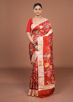 Red Printed Pure Silk Saree Without Blouse Piece