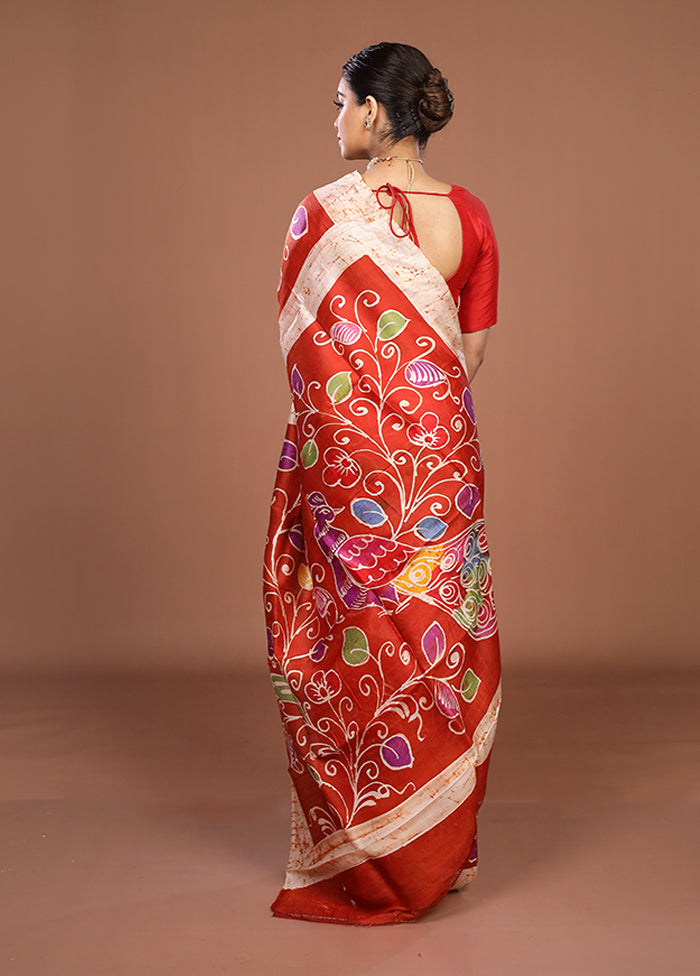 Red Printed Pure Silk Saree Without Blouse Piece