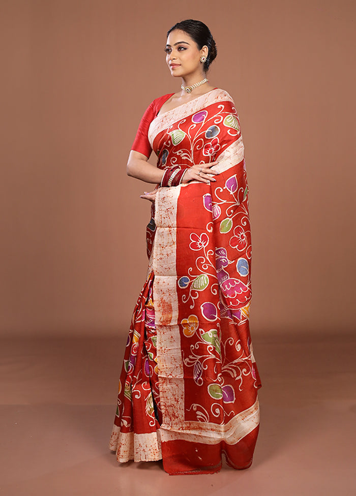 Red Printed Pure Silk Saree Without Blouse Piece