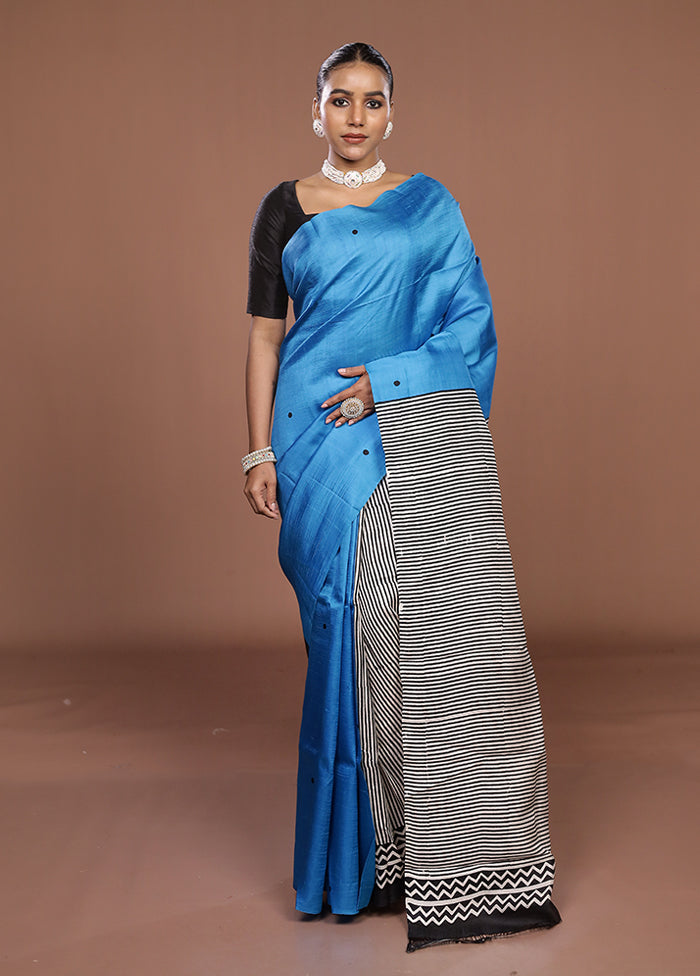 Blue Printed Pure Silk Saree Without Blouse Piece