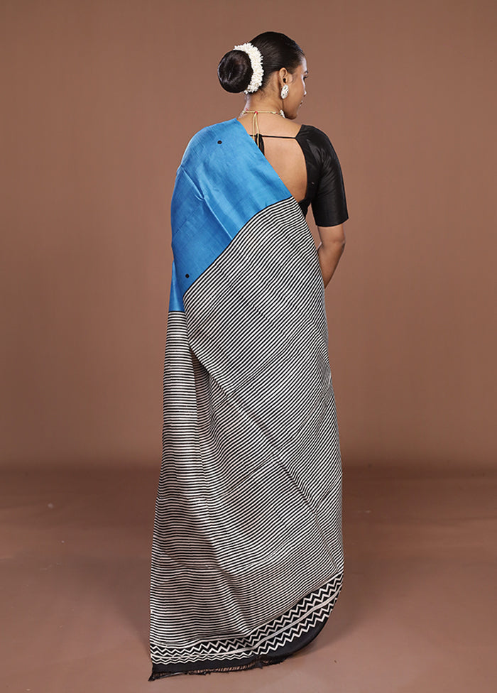 Blue Printed Pure Silk Saree Without Blouse Piece