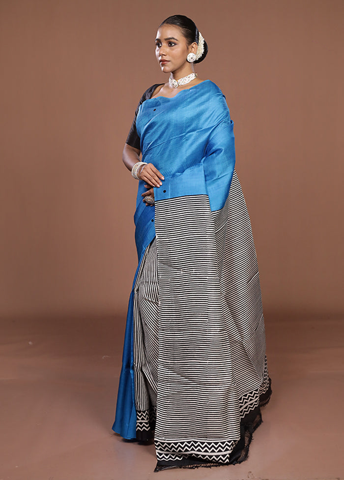 Blue Printed Pure Silk Saree Without Blouse Piece