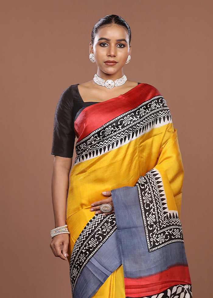 Yellow Printed Pure Silk Saree Without Blouse Piece
