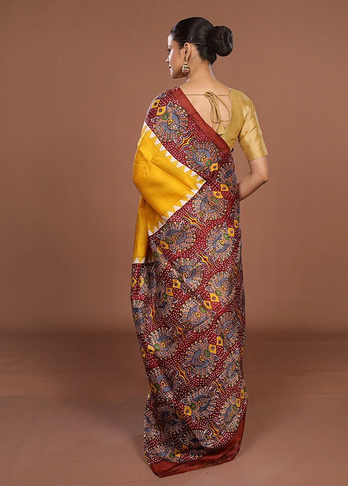 Yellow Printed Pure Silk Saree Without Blouse Piece