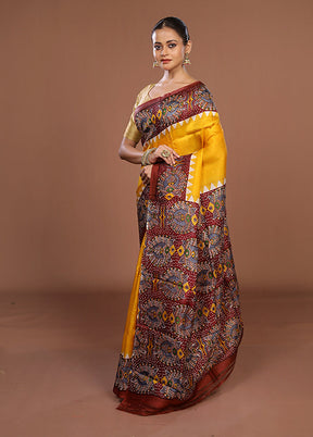 Yellow Printed Pure Silk Saree Without Blouse Piece