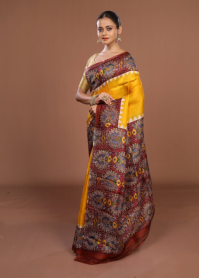 Yellow Printed Pure Silk Saree Without Blouse Piece
