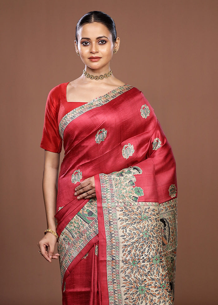 Red Printed Pure Silk Saree Without Blouse Piece