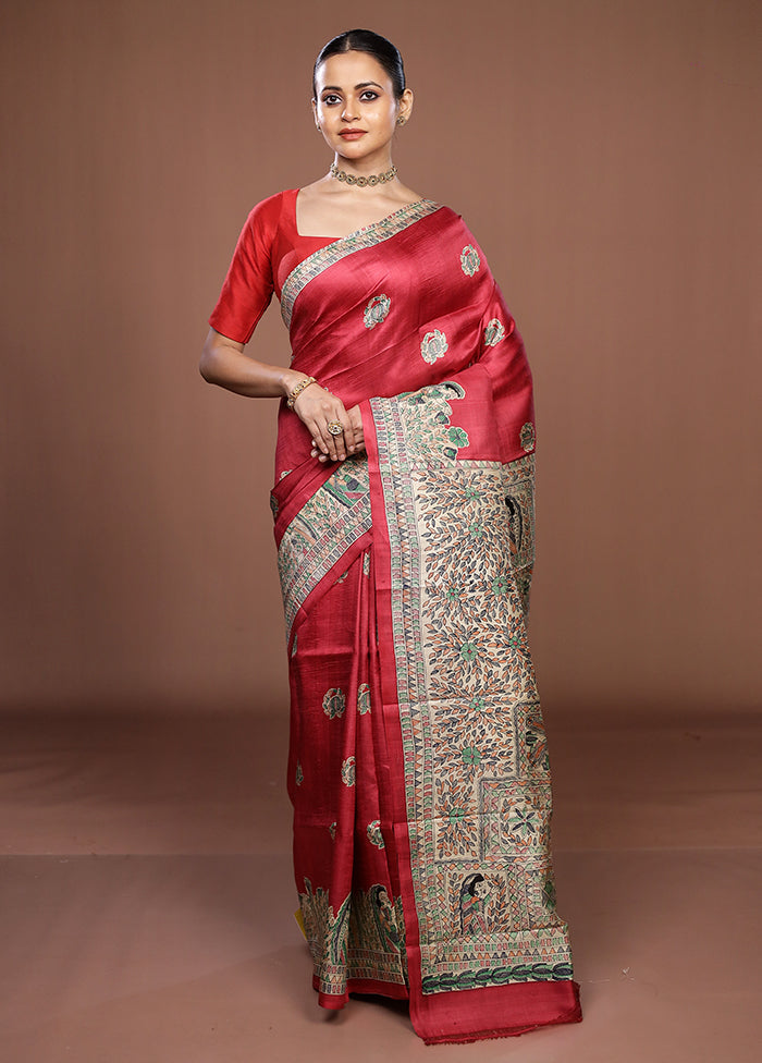 Red Printed Pure Silk Saree Without Blouse Piece