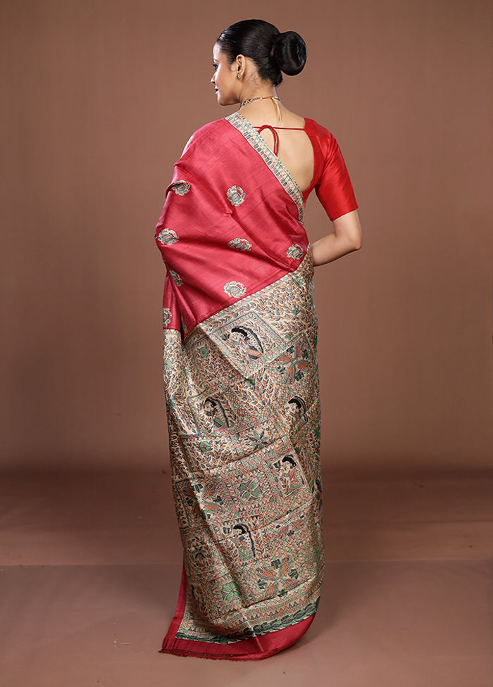 Red Printed Pure Silk Saree Without Blouse Piece