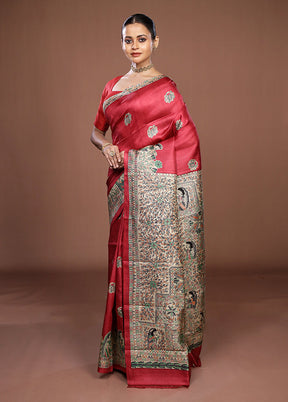 Red Printed Pure Silk Saree Without Blouse Piece