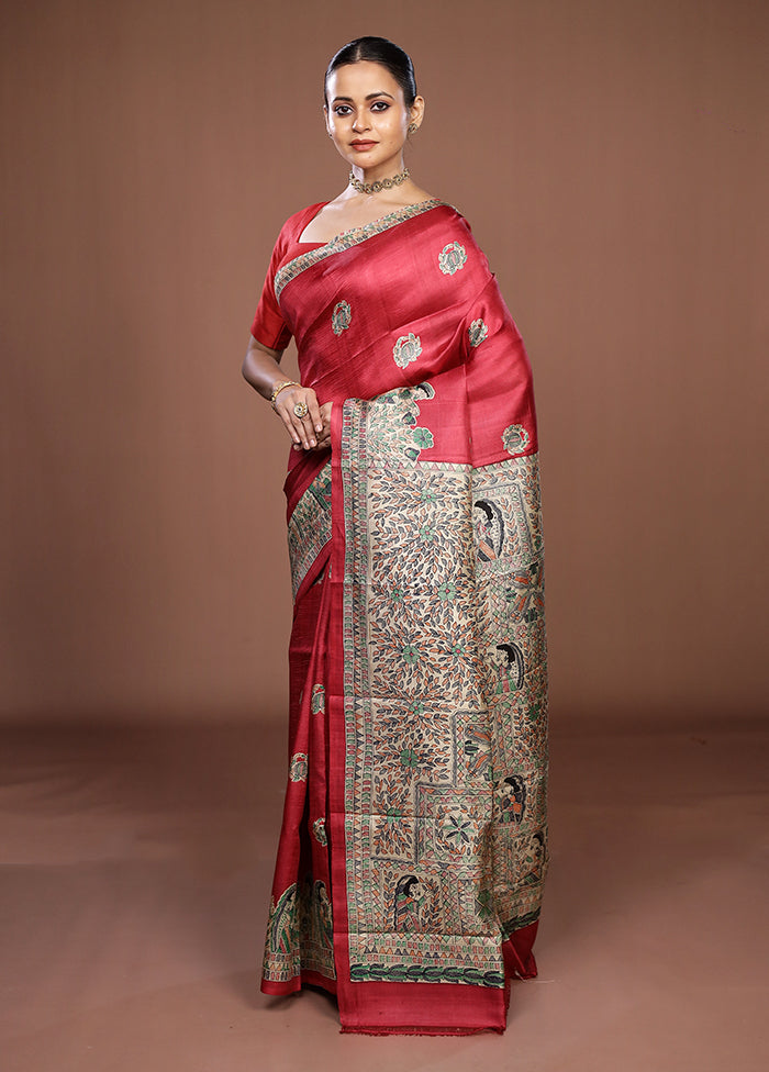 Red Printed Pure Silk Saree Without Blouse Piece