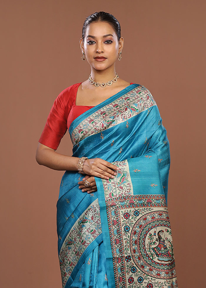 Blue Printed Pure Silk Saree Without Blouse Piece