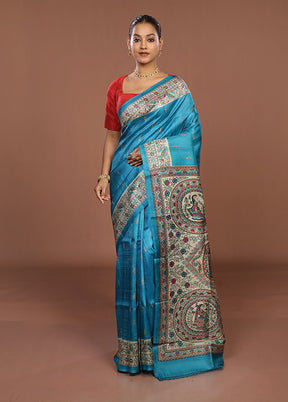 Blue Printed Pure Silk Saree Without Blouse Piece