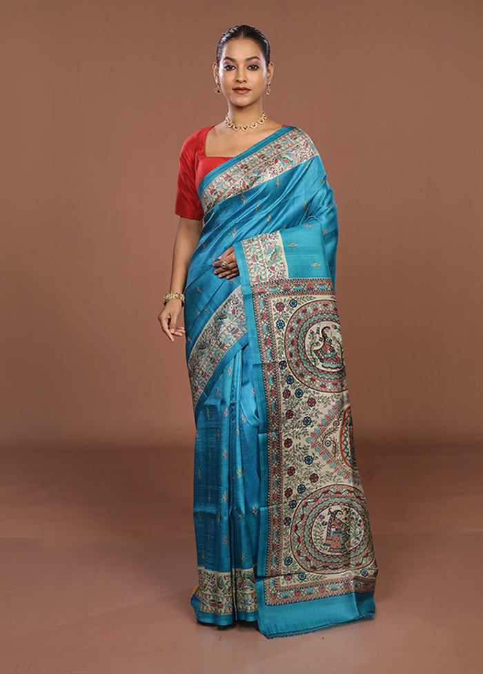 Blue Printed Pure Silk Saree Without Blouse Piece