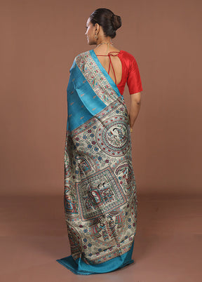 Blue Printed Pure Silk Saree Without Blouse Piece