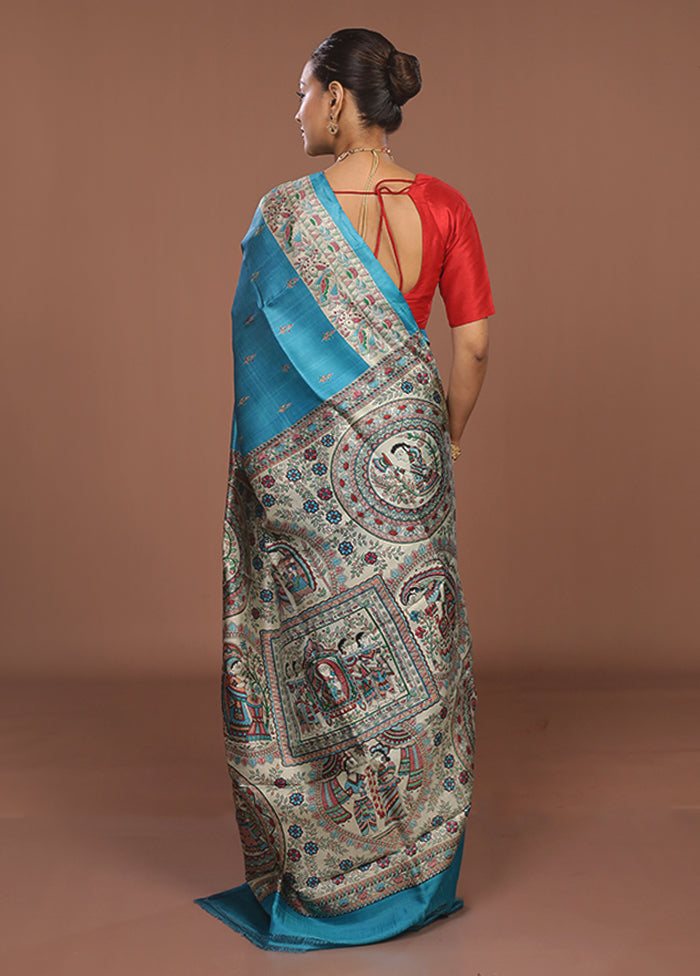 Blue Printed Pure Silk Saree Without Blouse Piece
