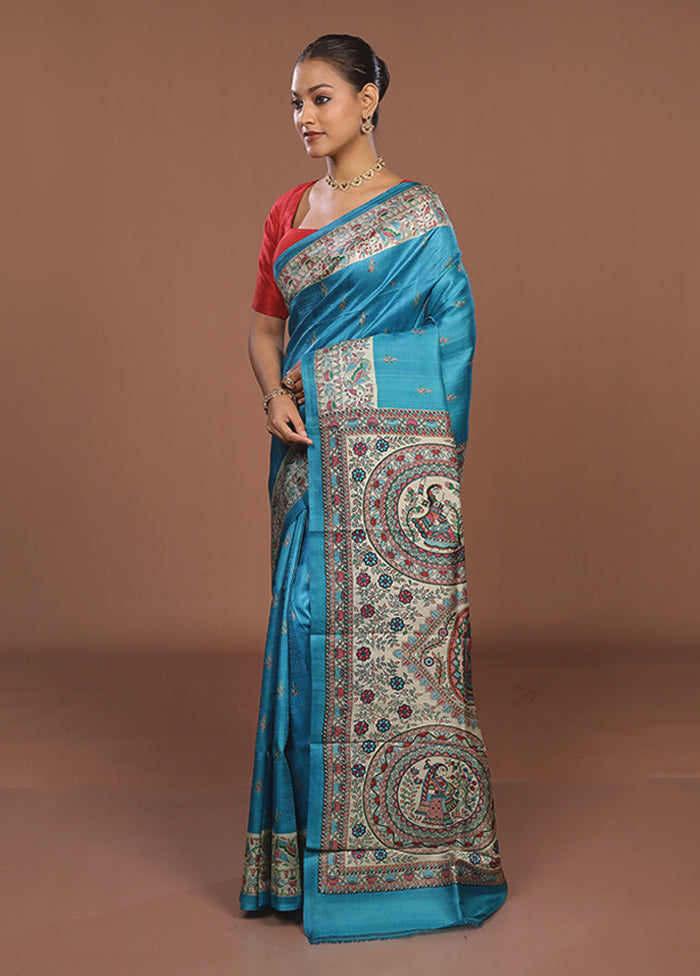 Blue Printed Pure Silk Saree Without Blouse Piece